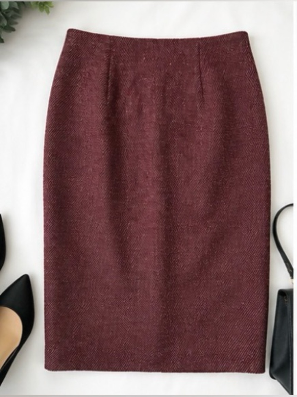 [Yigal Azrouël] Burgundy Tweed Straight Pencil Skirt Wool Blend Sz 10